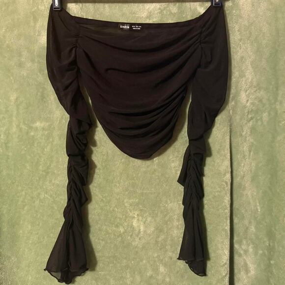 SHEIN Sheer Black Ruched Mesh Off Shoulder Top -M - Picture 1 of 8